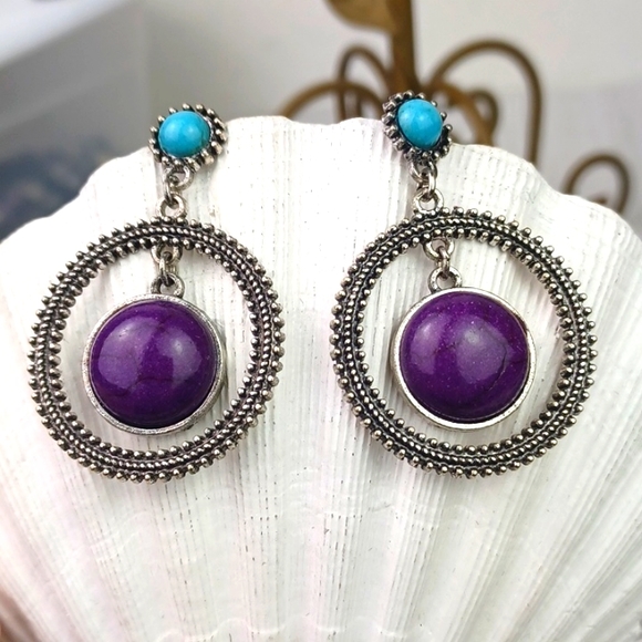 ♥️BUNDLE ONLY♥️ Purple & Turquoise Faux Stone Silver Tone Boho Dangling Earrings - Picture 2 of 6